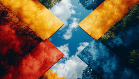 An abstract image of colorful blocks meeting at a point in the sky.の素材
