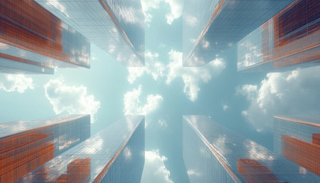 A low angle view of several modern skyscrapers, their glass facades reflecting the clouds in the bright blue sky.の素材