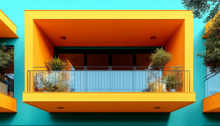 A close-up view of a modern building facade featuring a balcony with colorful walls and plants.の素材