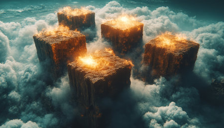 Four burning rock formations rise from a sea of clouds, creating a surreal and atmospheric scene.の素材