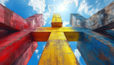 A large, colorful concrete cross against a bright blue sky with clouds.の素材