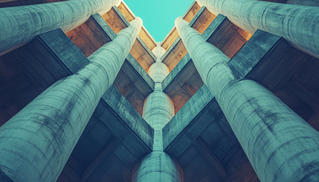 A low-angle perspective showcasing the intricate structure of concrete pillars and beams within a building.の素材
