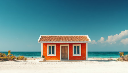 A single-story orange house with white trim sits on a white sand beach with a blue ocean in the background.の素材