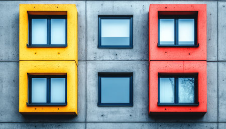 A minimalist architectural design featuring a concrete building facade with yellow and red accents and windows.の素材