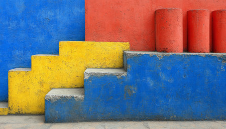 A series of concrete steps painted yellow against a backdrop of a colorful blue, yellow, and red wall.の素材