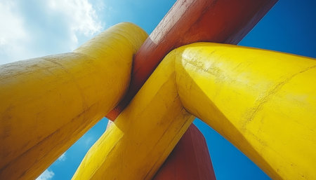 A close-up of an abstract architectural structure with yellow and red elements against a blue sky.の素材