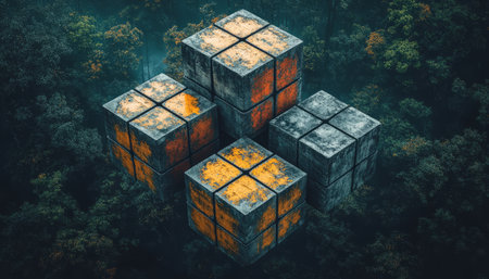 A cluster of four weathered concrete cubes with yellow and orange patina, suspended over a dark forest.の素材