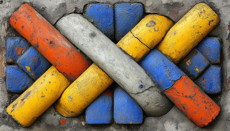 An abstract close-up of a wall featuring intertwined cylinders painted in various colors and textures.の素材