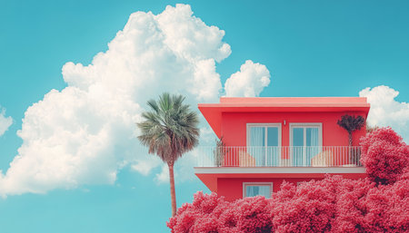 A pink house with a balcony, palm tree, and flowers against a blue sky.の素材