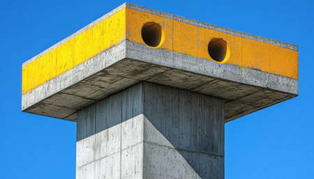 A concrete structure with yellow stripes and circular openings against a bright blue sky.の素材