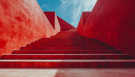 A photograph of a red concrete staircase ascending upwards towards a blue sky.の素材