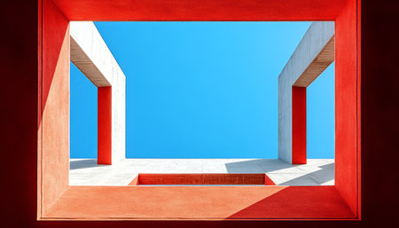 An interior view of an architectural frame with red and white concrete elements framing a blue sky.の素材