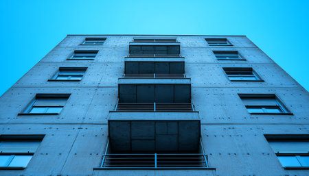 A low-angle view of a modern concrete building with balconies and windows.の素材