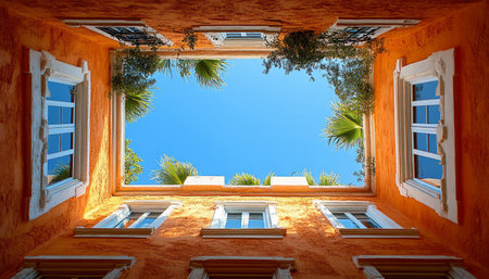 A view of the sky through windows in an orange building.の素材