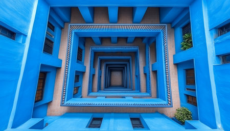 An image of the interior of a blue building with a geometric pattern of windows and balconies.の素材