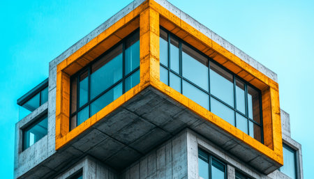 A low angle view of a modern concrete building with a large window framed by a yellow trim.の素材