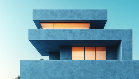 A contemporary building with a blue concrete exterior featuring windows and balconies.の素材