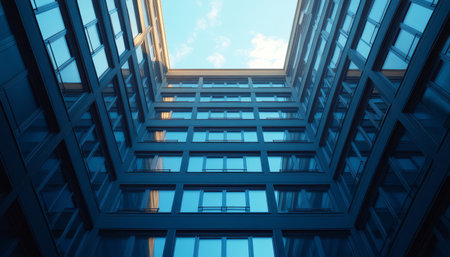 A close-up view of a modern building facade with geometric windows and a blue sky in the background.の素材