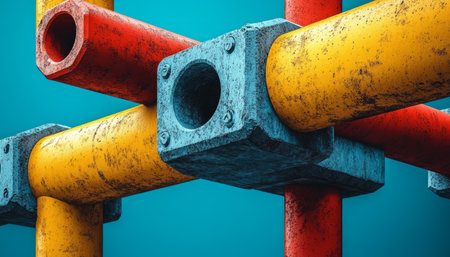 A close-up shot of a complex intersection of three colorful pipes with a weathered, rusty texture.の素材