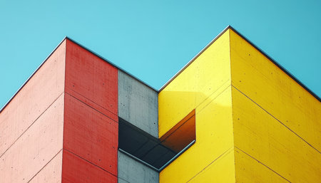 A building facade with geometric panels in red, yellow, and grey against a blue sky.の素材