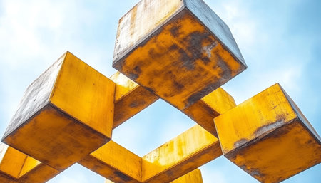 A low angle view of a modern abstract sculpture made of yellow concrete cubes against a blue sky.の素材