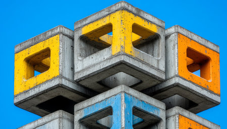 A close-up view of a concrete structure with vibrant yellow, orange, and blue painted accents against a bright blue sky.の素材