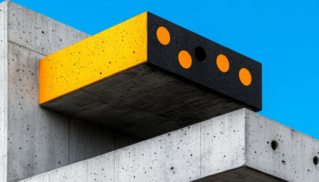 An abstract architectural element of a building, featuring a yellow and black concrete structure with circular openings against a bright blue sky.の素材