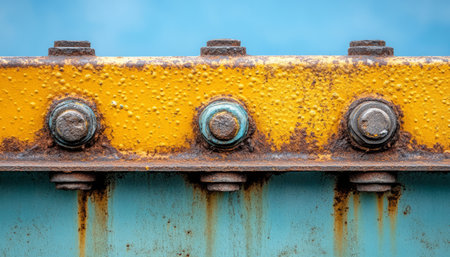 A close-up view of a rusty metal beam with bolts and yellow paint.の素材