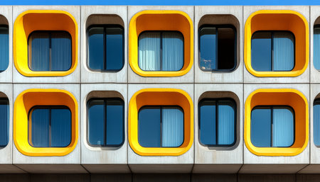 A close-up view of a concrete building facade with recessed windows framed by yellow.の素材