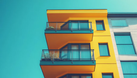 A low angle shot of a modern yellow building with balconies and windows against a bright turquoise sky.の素材