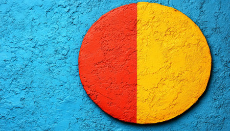 A red and yellow half-circle painted on a textured blue wall.の素材