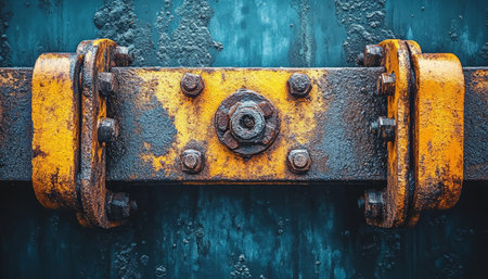 A close-up of a rusty metal surface with yellow paint, bolts, and nuts.の素材