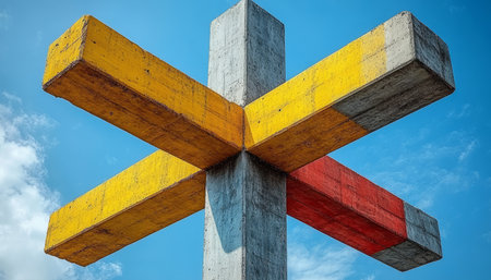 A concrete cross painted yellow, red, and gray against a blue sky.の素材