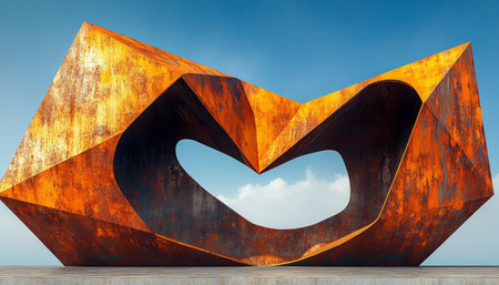 A large, rusty metal sculpture with a heart-shaped opening against a blue sky.の素材