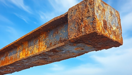 A close-up view of a rusty steel beam against a bright blue sky.の素材