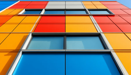 A colorful building facade with geometric pattern, featuring a large window and a shadow.の素材