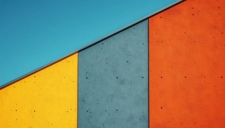 An abstract geometric wall with yellow, blue, and orange panels against a bright blue sky.の素材