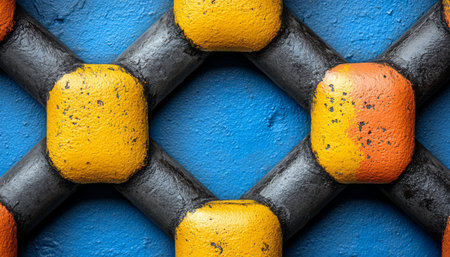 A close-up view of interlocking pipes painted black, yellow, and orange against a blue wall.の素材