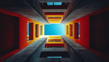 A view upward through an architectural courtyard showing colorful walls and windows.の素材