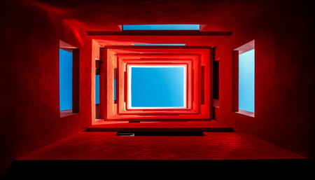 A view of a blue sky framed by a series of red walls in an interior space, creating a geometric and abstract composition.の素材