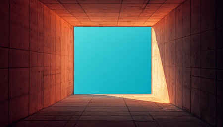 A concrete frame with a square opening revealing a blue sky.の素材