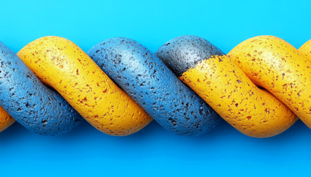 A close-up of a series of interlocked yellow and blue textured objects against a solid blue backdrop.の素材
