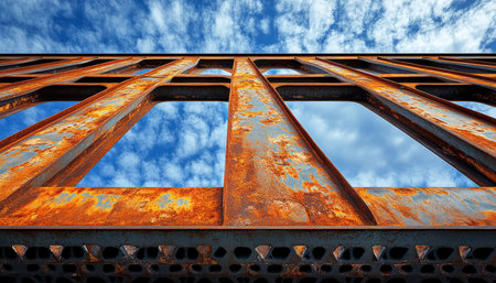 A close-up view of a rusty metal structure framing a blue sky with white clouds.の素材