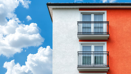 A close-up of the corner of a building with two windows and balconies against a blue sky with white clouds.の素材