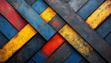A close-up of weathered wooden planks, painted in shades of blue, red, and yellow, creating a geometric pattern.の素材