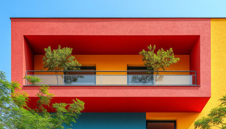 A close-up view of a modern building with red and yellow walls, featuring a balcony with green plants and a glass railing.の素材