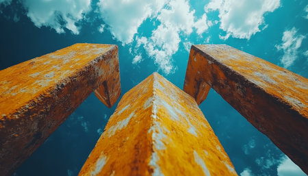 Three tall yellow concrete pillars standing against a bright blue sky with white clouds.の素材