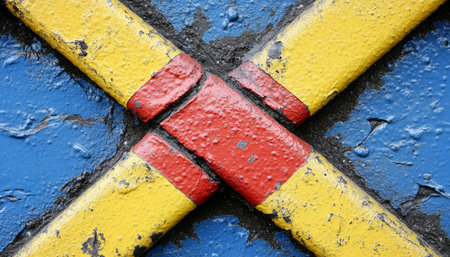 A close-up of a weathered surface painted in yellow, red, and blue, forming an X shape.の素材