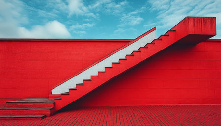 A white staircase leading up against a bright red wall with a blue sky and clouds in the background.の素材
