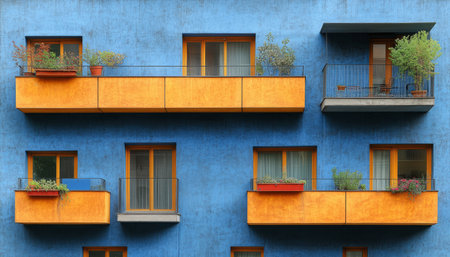 A blue building with orange balconies and windows, featuring plants and flowers on the balconies.の素材